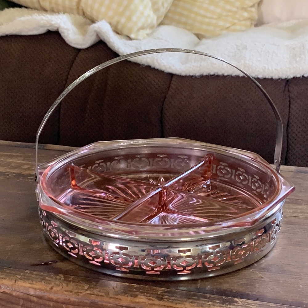 Vintage pink depression glass.